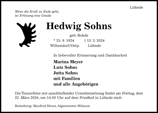 Traueranzeige von Hedwig Sohns von Hildesheimer Allgemeine Zeitung