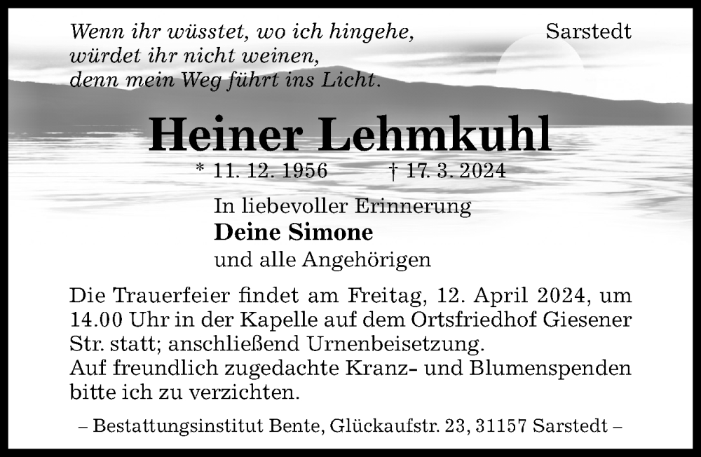  Traueranzeige für Heiner Lehmkuhl vom 27.03.2024 aus Hildesheimer Allgemeine Zeitung
