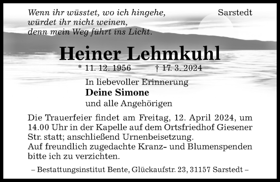 Traueranzeige von Heiner Lehmkuhl von Hildesheimer Allgemeine Zeitung