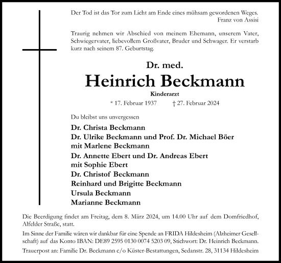 Traueranzeige von Heinrich Beckmann von Hildesheimer Allgemeine Zeitung