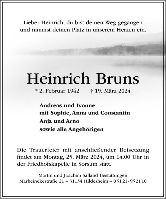 Traueranzeige von Heinrich Bruns von Hildesheimer Allgemeine Zeitung