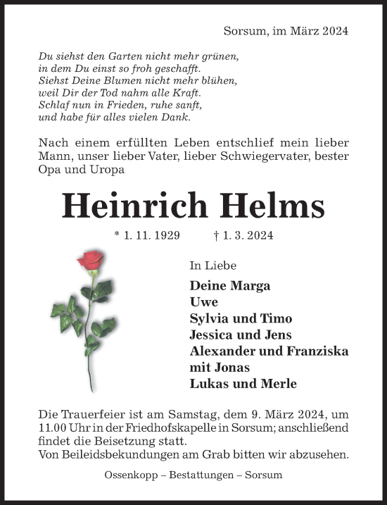 Traueranzeige von Heinrich Helms von Hildesheimer Allgemeine Zeitung