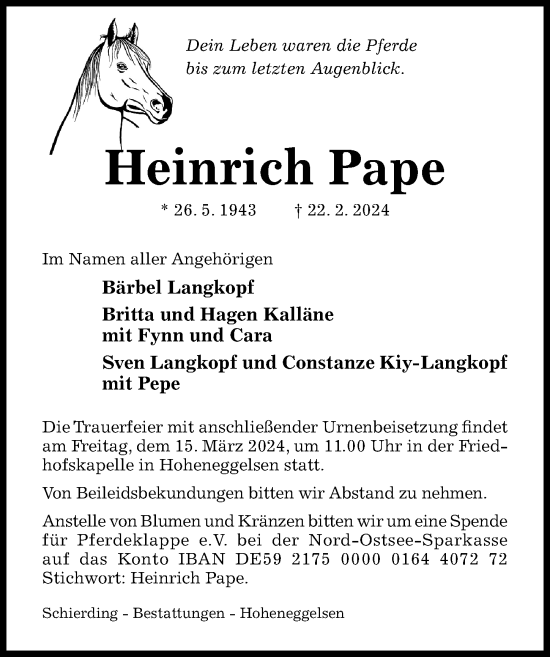 Traueranzeige von Heinrich Pape von Hildesheimer Allgemeine Zeitung