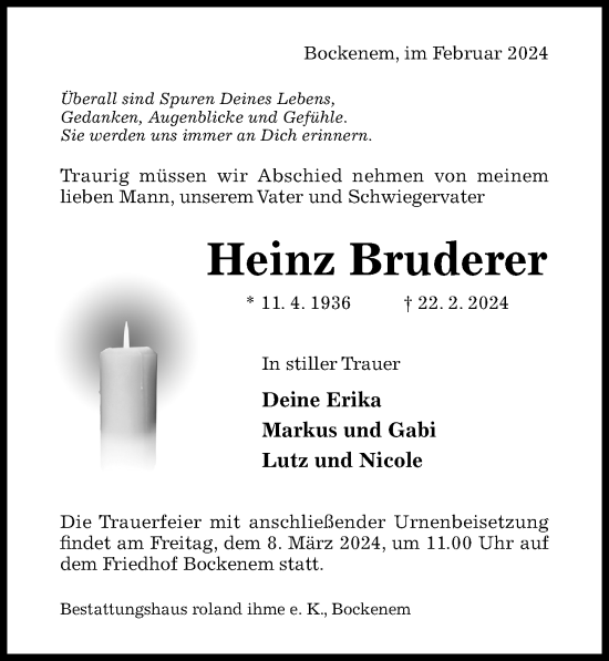 Traueranzeige von Heinz Bruderer von Hildesheimer Allgemeine Zeitung