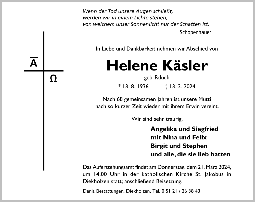  Traueranzeige für Helene Käsler vom 16.03.2024 aus Hildesheimer Allgemeine Zeitung