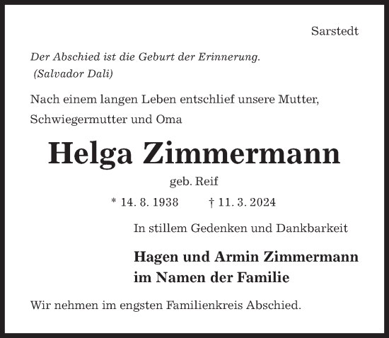 Traueranzeige von Helga Zimmermann von Hildesheimer Allgemeine Zeitung