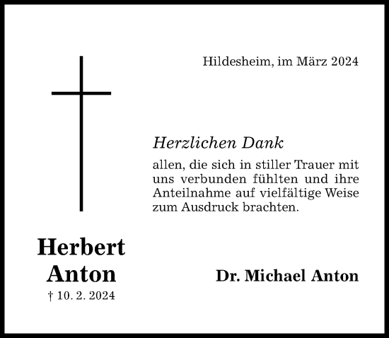 Traueranzeige von Herbert Anton von Hildesheimer Allgemeine Zeitung