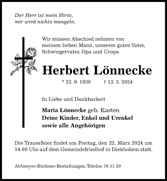 Traueranzeige von Herbert Lönnecke von Hildesheimer Allgemeine Zeitung