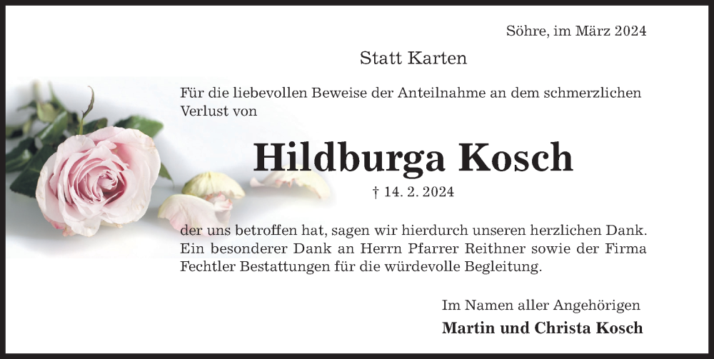  Traueranzeige für Hildburga Kosch vom 06.03.2024 aus Hildesheimer Allgemeine Zeitung