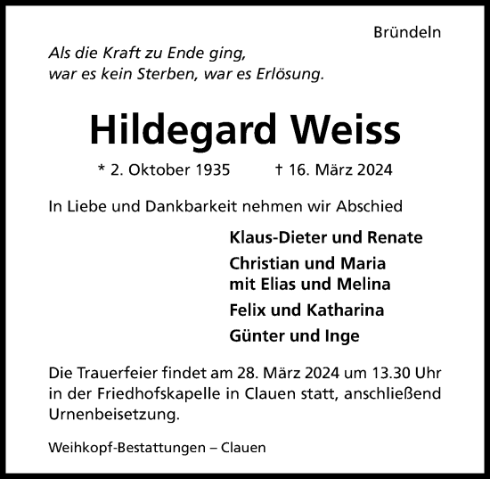 Traueranzeige von Hildegard Weiss von Hildesheimer Allgemeine Zeitung