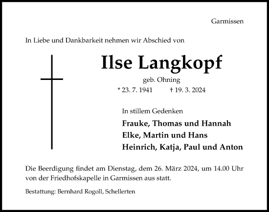 Traueranzeige von Ilse Langkopf von Hildesheimer Allgemeine Zeitung