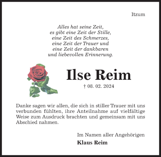 Traueranzeige von Ilse Reim von Hildesheimer Allgemeine Zeitung