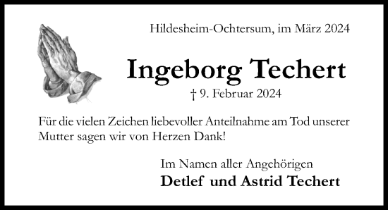 Traueranzeige von Ingeborg Techert von Hildesheimer Allgemeine Zeitung