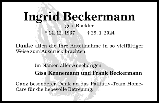 Traueranzeige von Ingrid Beckermann von Hildesheimer Allgemeine Zeitung