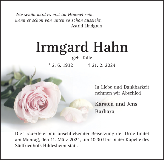 Traueranzeige von Irmgard Hahn von Hildesheimer Allgemeine Zeitung