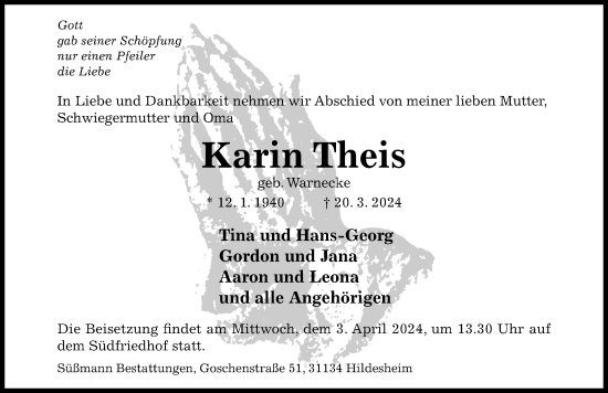 Traueranzeige von Karin Theis von Hildesheimer Allgemeine Zeitung