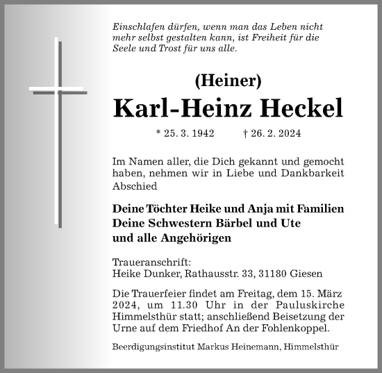 Traueranzeige von Karl-Heinz Heckel von Hildesheimer Allgemeine Zeitung