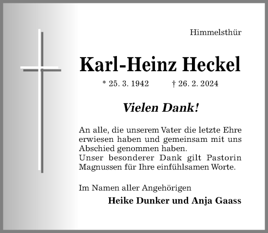 Traueranzeige von Karl-Heinz Heckel von Hildesheimer Allgemeine Zeitung