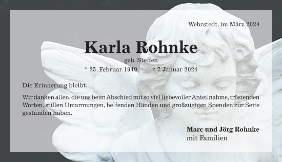 Traueranzeige von Karla Rohnke von Hildesheimer Allgemeine Zeitung