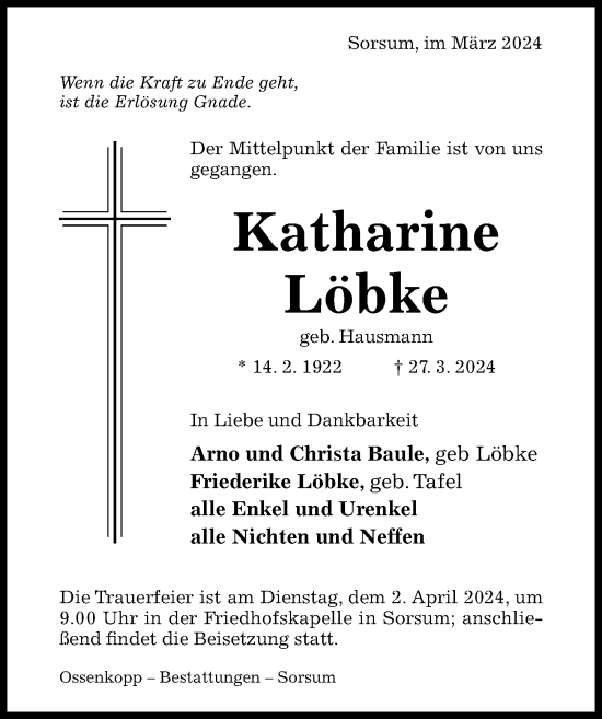 Traueranzeige von Katharine Löbke von Hildesheimer Allgemeine Zeitung