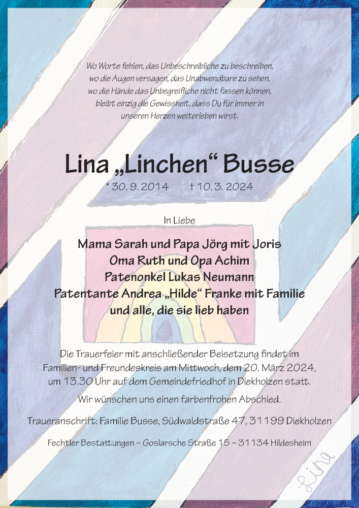  Traueranzeige für Lina Busse vom 16.03.2024 aus Hildesheimer Allgemeine Zeitung