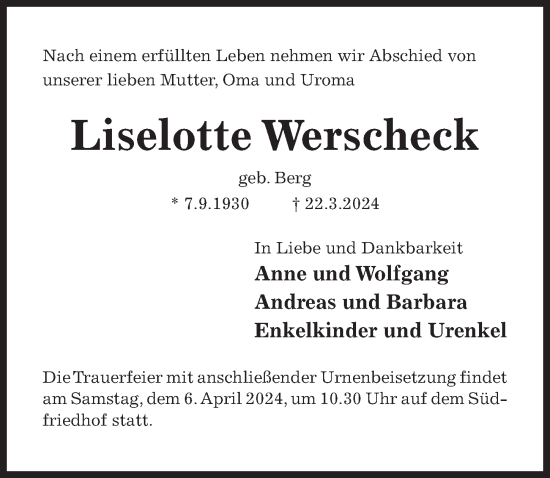 Traueranzeige von Liselotte Werscheck von Hildesheimer Allgemeine Zeitung