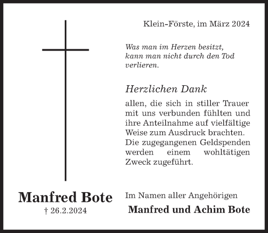 Traueranzeige von Manfred Bote von Hildesheimer Allgemeine Zeitung