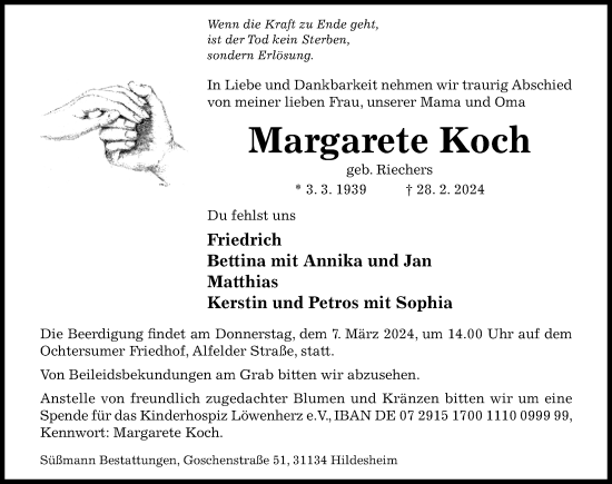 Traueranzeige von Margarete Koch von Hildesheimer Allgemeine Zeitung