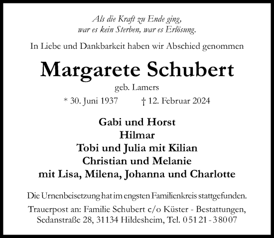 Traueranzeige von Margarete Schubert von Hildesheimer Allgemeine Zeitung