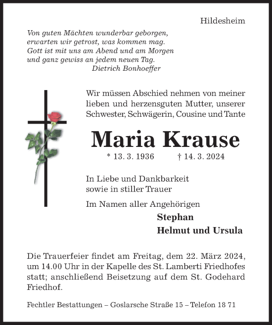 Traueranzeige von Maria Krause von Hildesheimer Allgemeine Zeitung