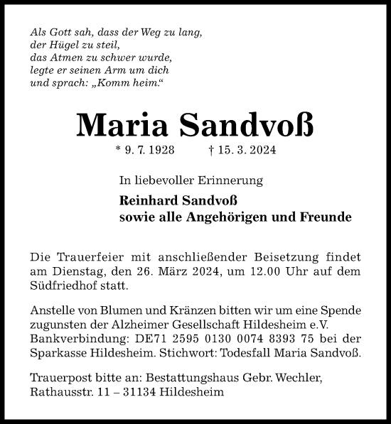 Traueranzeige von Maria Sandvoß von Hildesheimer Allgemeine Zeitung