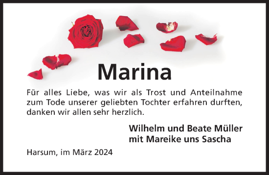 Traueranzeige von Marina  von Hildesheimer Allgemeine Zeitung