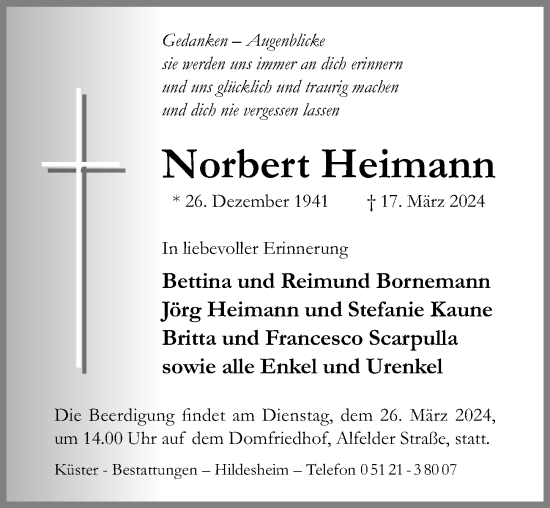 Traueranzeige von Norbert Heimann von Hildesheimer Allgemeine Zeitung