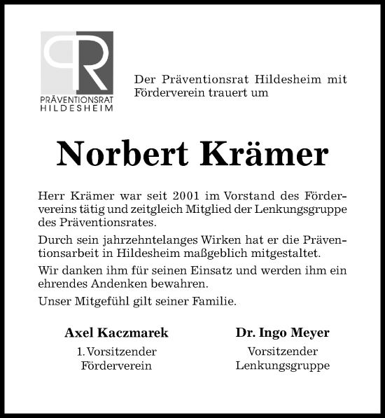 Traueranzeige von Norbert Krämer von Hildesheimer Allgemeine Zeitung