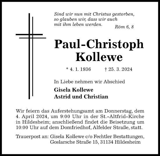 Traueranzeige von Paul-Christoph Kollewe von Hildesheimer Allgemeine Zeitung
