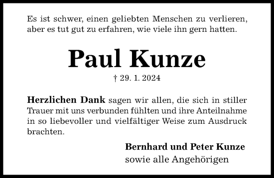 Traueranzeige von Paul Kunze von Hildesheimer Allgemeine Zeitung