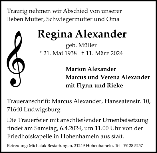 Traueranzeige von Regina Alexander von Hildesheimer Allgemeine Zeitung