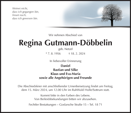 Traueranzeige von Regina Gutmann-Döbbelin von Hildesheimer Allgemeine Zeitung