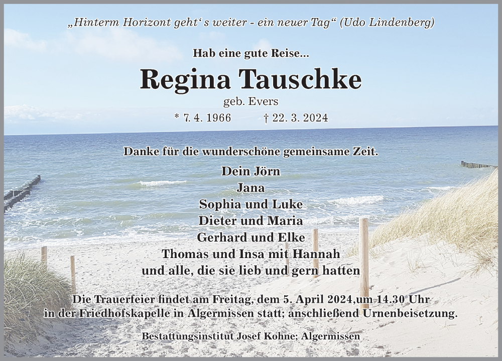  Traueranzeige für Regina Tauschke vom 27.03.2024 aus Hildesheimer Allgemeine Zeitung