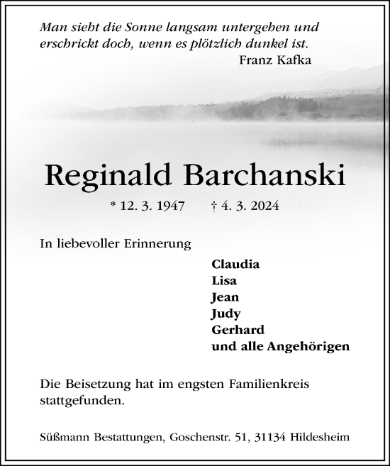 Traueranzeige von Reginald Barchanski von Hildesheimer Allgemeine Zeitung