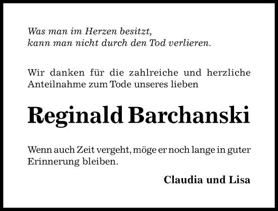 Traueranzeige von Reginald Barchanski von Hildesheimer Allgemeine Zeitung