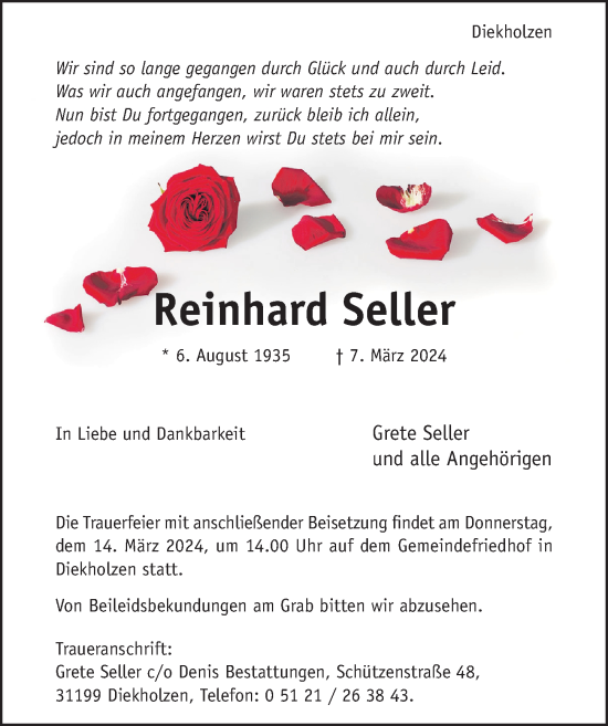 Traueranzeige von Reinhard Seller von Hildesheimer Allgemeine Zeitung