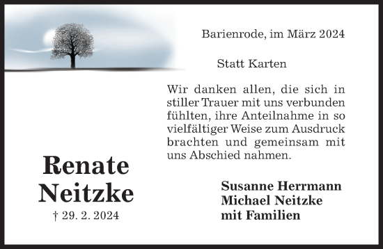 Traueranzeige von Renate Neitzke von Hildesheimer Allgemeine Zeitung