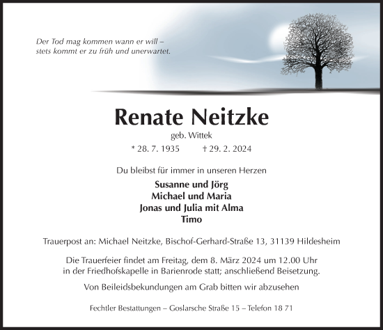 Traueranzeige von Renate Neitzke von Hildesheimer Allgemeine Zeitung