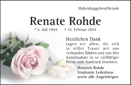 Traueranzeige von Renate Rohde von Hildesheimer Allgemeine Zeitung