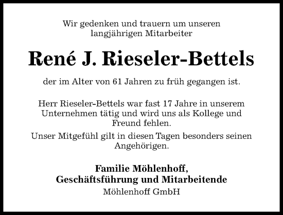 Traueranzeige von Rene J. Rieseler-Bettels von Hildesheimer Allgemeine Zeitung