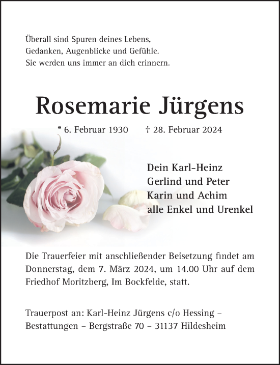 Traueranzeige von Rosemarie Jürgens von Hildesheimer Allgemeine Zeitung