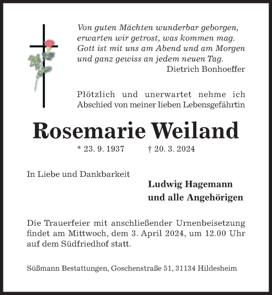 Traueranzeige von Rosemarie Weiland von Hildesheimer Allgemeine Zeitung