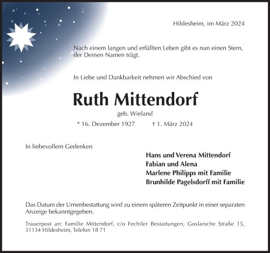 Traueranzeige von Ruth Mittendorf von Hildesheimer Allgemeine Zeitung