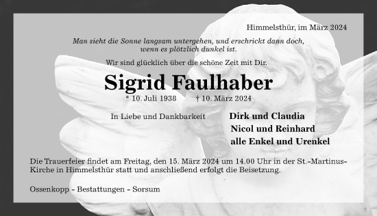 Traueranzeige von Sigrid Faulhaber von Hildesheimer Allgemeine Zeitung